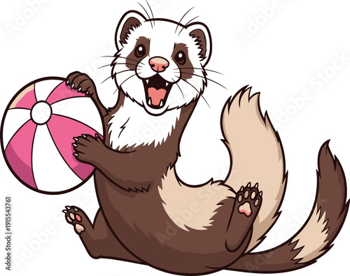 A cartoon ferret playing with a pink and white ball