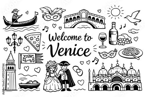Venice Italy Travel Landmarks and Culture Icons, Hand Drawn Doodle Style Vector