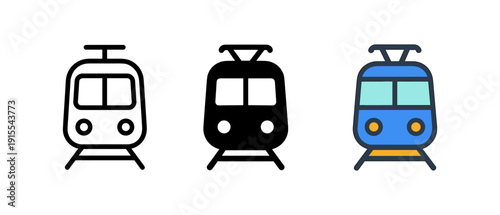 Minimalist tram icons in flat and outline styles for urban transport design