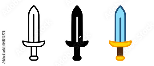 Minimalist sword icons in three styles: outline, silhouette, colored
