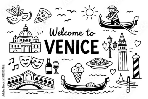 Venice Italy Travel Landmarks and Culture Icons, Hand Drawn Doodle Style Vector