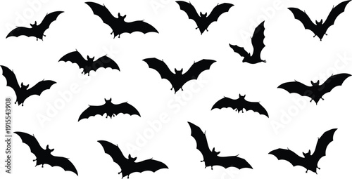 Black, bat, silhouettes, collection, isolated, on, white, background, for, Halloween, decorations, spooky, gothic, elements, flying, nocturnal, animals, vector, clip, art