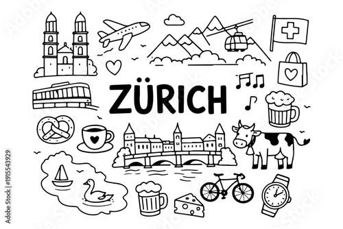 Zurich Switzerland Travel Landmarks and Culture Icons, Hand Drawn Doodle Style Vector