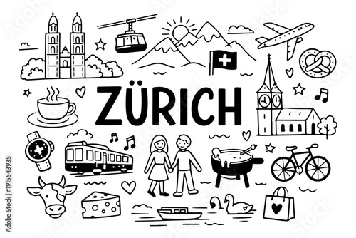 Zurich Switzerland Travel Landmarks and Culture Icons, Hand Drawn Doodle Style Vector