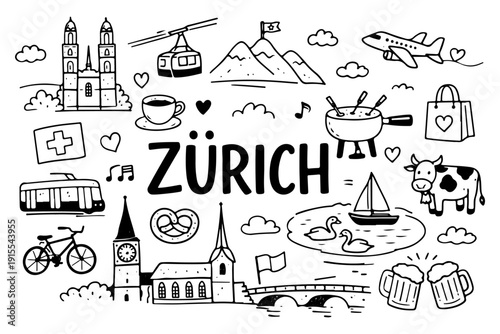 Zurich Switzerland Travel Landmarks and Culture Icons, Hand Drawn Doodle Style Vector