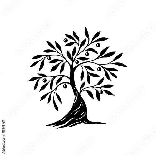 Hand draw abstract Olive tree. Organic nature symbol. Tree branch with leaves signs. Natural plant design elements emblems in vintage style. Vector illustration.