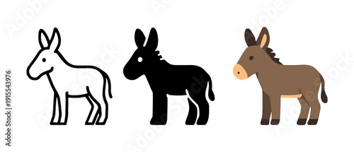 Cartoon donkey set: outline, silhouette, and colored variations