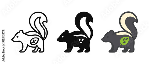 Stylized skunk trio with leaf elements in minimalist design