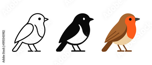 Bird design variations: outline, silhouette, flat colorful robin
