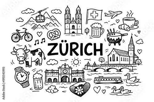 Zurich Switzerland Travel Landmarks and Culture Icons, Hand Drawn Doodle Style Vector