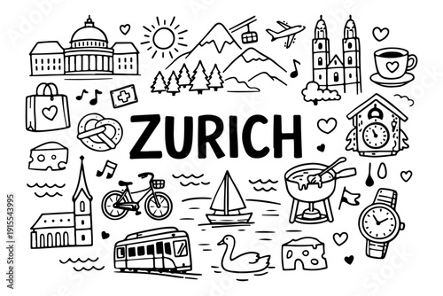 Zurich Switzerland Travel Landmarks and Culture Icons, Hand Drawn Doodle Style Vector