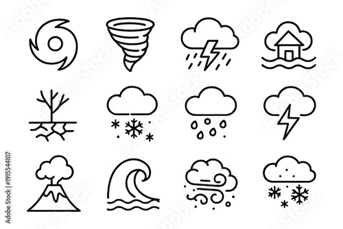 Minimalist weather disaster icons: tornado, flood, snow, earthquake, volcano