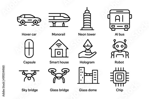 Futuristic transportation and smart technology outline icons set