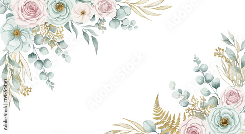 Floral frame with pastel flowers and gold leaves on white background, viewed from directly above