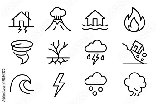Natural disaster icons: earthquake, volcano, flood, fire, tornado, hurricane