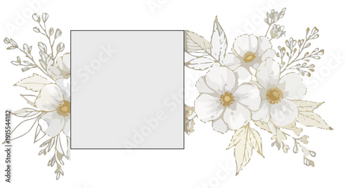 Floral frame with white flowers and leaves illustration on transparent background viewed from directly above featuring svg design elements