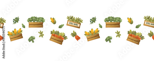 Seamless border pattern with wooden crates of fresh potatoes and carrots
