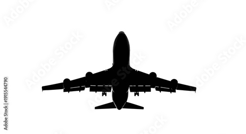 Silhouette of a large passenger airplane flying overhead against a white background.