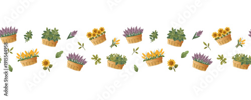 Seamless floral border with garden flowers in baskets and sunflowers