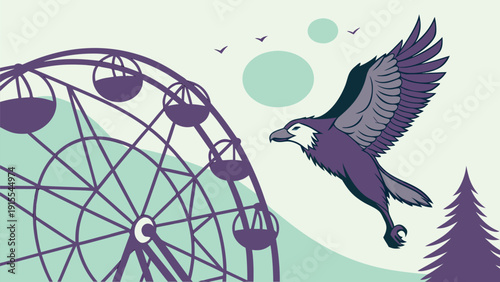 Stylized purple eagle with outstretched wings soars near a giant Ferris wheel at an outdoor fairground