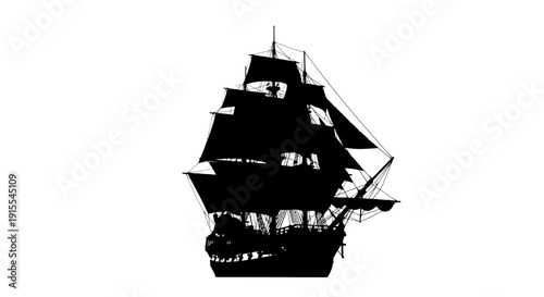 Silhouette of a majestic tall ship with full sails against a stark white background.