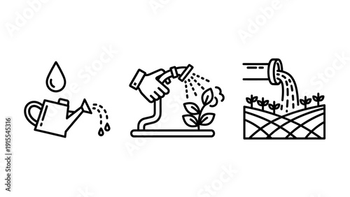Water Conservation and Irrigation Systems Line Icons for Agriculture, Gardening, and Sustainable Resource Management