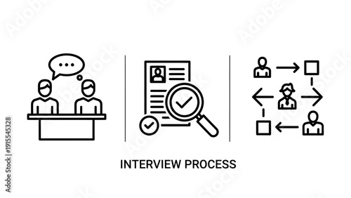 Job Interview Process and Recruitment Procedures Line Icons for Human Resources and Employment Selection