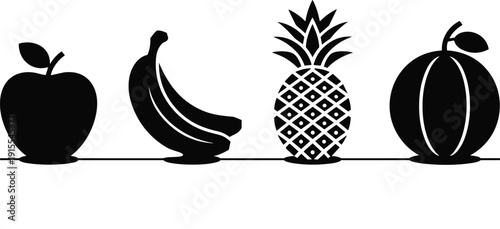 Minimalist black fruit silhouettes illustration featuring apple, bananas, pineapple, and peach with shadow accents, perfect for healthy food, nutrition, design, and educational concepts.