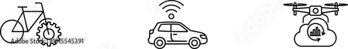 Smart mobility transportation icon set, cad drawing flat vector illustration, connected vehicle bicycle gear and drone delivery