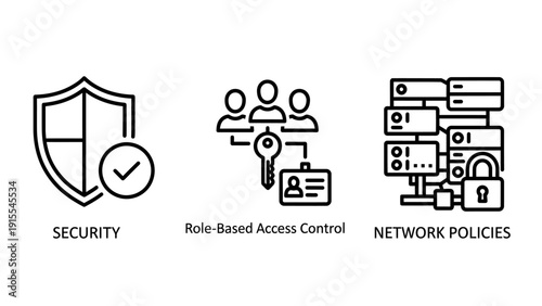 Robust Cybersecurity and Access Management Icons: Shield with Checkmark, Role-Based Access Control, and Network Policies for Data Security