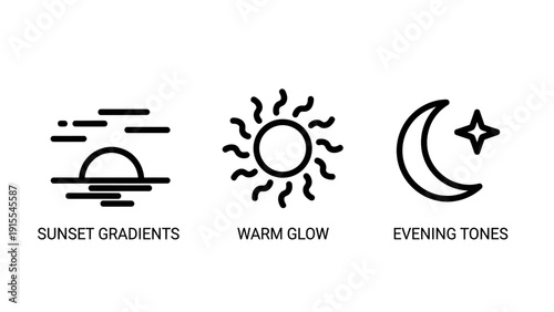 Beautiful Sunset, Warm Glow Sun, and Evening Tones Moon with Star Line Icons for Nature and Astronomical Concepts
