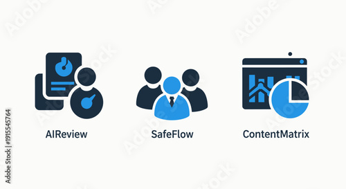 Modern Digital Icons for AI Review, Safe Data Flow, and Content Matrix Analytics in Business Operations and Workflow Management.