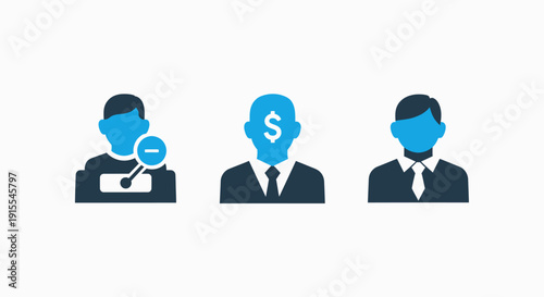 Blue Business User Icons Representing Financial Value, User Removal, and Professional Profiles for Digital Platforms