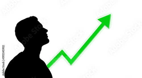 Silhouette of a man looking up with a green arrow pointing upwards symbolizing growth and success.