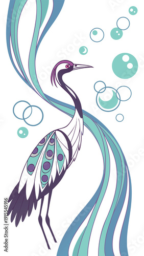Stylized illustration of an elegant water bird flowing with vibrant teal ribbons and circular aquatic accents