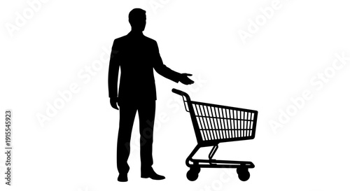 Silhouette of a man standing next to a shopping cart.