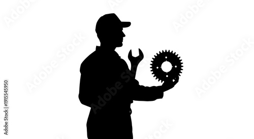 Silhouette of a mechanic holding a wrench and a gear.