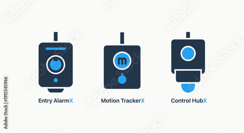 Smart home security system icons showing an entry alarm, motion tracker sensor, and central control hub for modern property protection