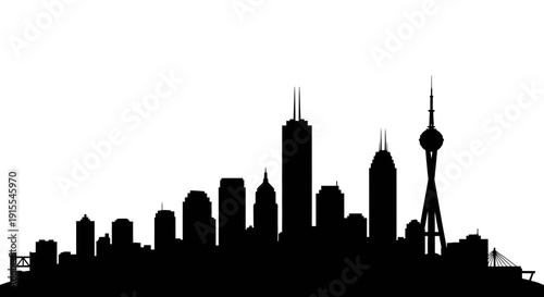 Silhouette of a modern city skyline with diverse skyscrapers.