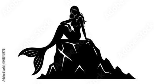 Silhouette of a mermaid sitting on a rock.