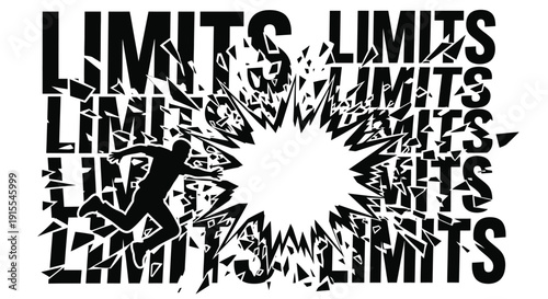 Conceptual image of human figure breaking through word limits representing freedom and overcoming challenges