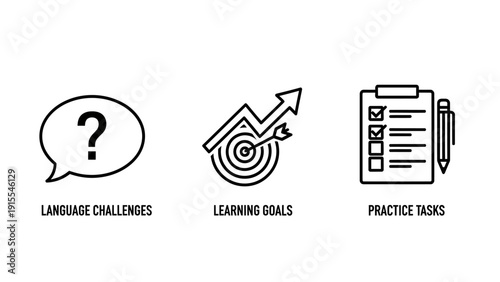 Educational Progress and Language Learning Icons Representing Challenges Goals and Practice Tasks for Students