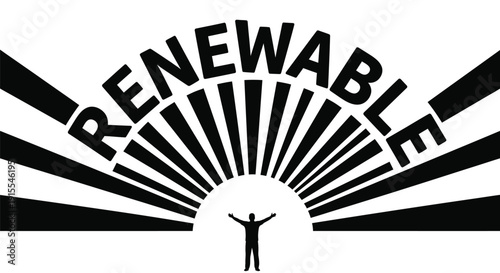 Person arms raised under sunburst with word renewable energy and sustainability concept