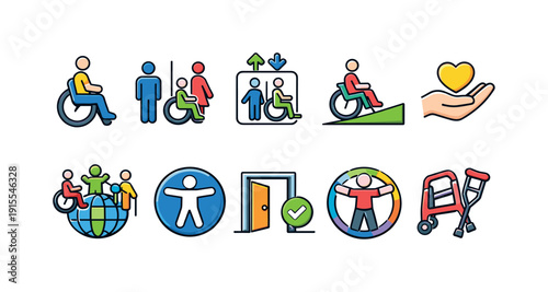 Accessibility, disability flat icon set. Inclusive design icons collection