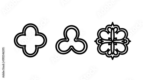 Set of geometric floral line icons featuring stylized three and four-leaf clovers and a complex symmetric mandala flower emblem for branding and decor.