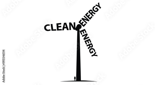 Wind turbine with clean energy text on its blades symbol of renewable power