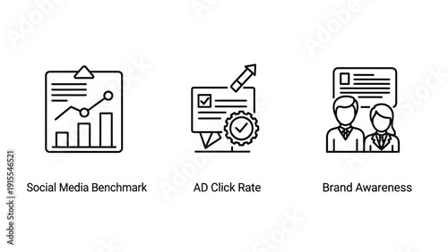 Essential Digital Marketing and Business Analytics Icons: Social Media Benchmark, Ad Click Rate, and Brand Awareness Metrics.