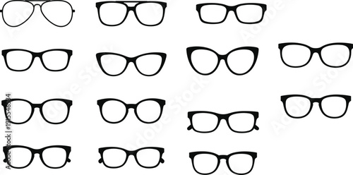 Eyeglasses frames silhouette collection with modern optical and sunglasses styles, black vector set isolated on light background for fashion, vision care, and eyewear branding