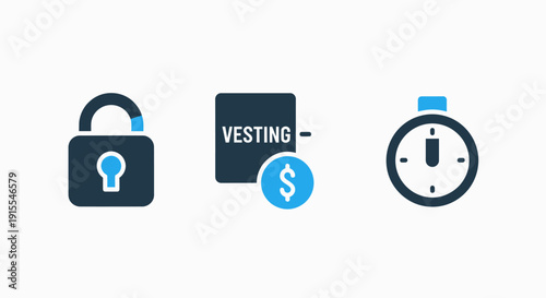 Vesting Schedule and Financial Asset Lock Icons with Padlock and Timer for Employee Stock Options and Investment Security