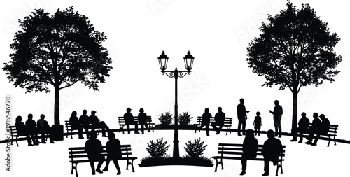 Silhouette Illustration of Public Park Scene with Trees, Lamp Post and Benches, Depicting Community Leisure, Social Interaction and Outdoor Lifestyle Artwork